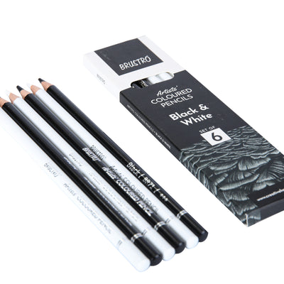 BRUSTRO Artists Coloured Pencils | Black & White | Set of 6 ( 3 Whites and 3 Blacks ) | Ideal for Students and Adults, Color, Sketching, Shading, Drawing, Blending, Mandala Art, School, Office Use