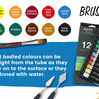 BRUSTRO Artists ’ Acrylic Colour Set of 12 Colours X 12ML Tubes with Gold Taklon Brush Set of 10 and Acrylic Paper 400 GSM A4-12 Sheets.