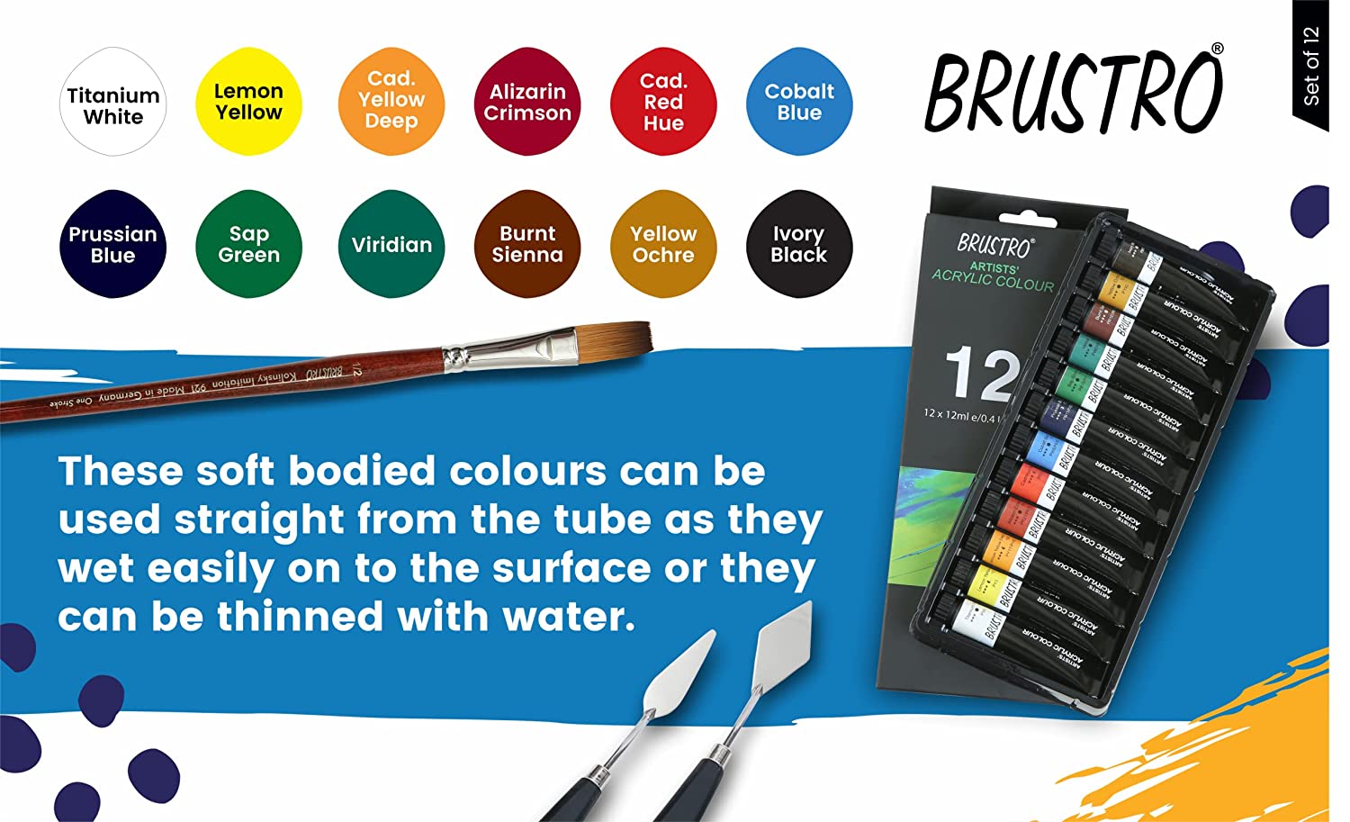 BRUSTRO Artists ’ Acrylic Colour Set of 12 Colours X 12ML Tubes with Gold Taklon Brush Set of 10 and Acrylic Paper 400 GSM A4-12 Sheets.