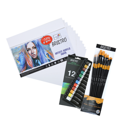 BRUSTRO Artists ’ Acrylic Colour Set of 12 Colours X 12ML Tubes with Gold Taklon Brush Set of 10 and Acrylic Paper 400 GSM A4-12 Sheets.