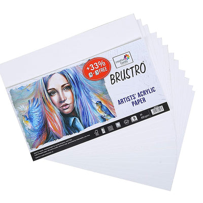 BRUSTRO Artists ’ Acrylic Colour Set of 12 Colours X 12ML Tubes with Gold Taklon Brush Set of 10 and Acrylic Paper 400 GSM A4-12 Sheets.