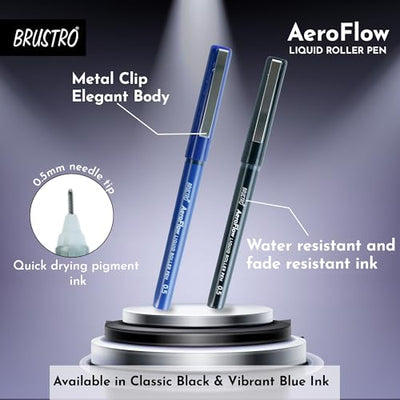 BRUSTRO AeroFlow Liquid Ink Rollerball Pens | Black | 0.5mm, Micro Tip | Pack of 3 | Ideal for Students, Professionals, Office, Exam use, Accurate Smooth Writing, Waterproof, Fade Resistant