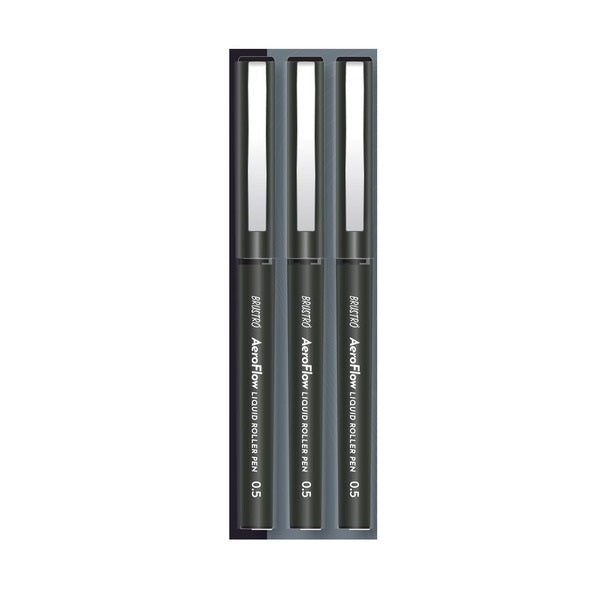 BRUSTRO AeroFlow Liquid Ink Rollerball Pens | Black | 0.5mm, Micro Tip | Pack of 3 | Ideal for Students, Professionals, Office, Exam use, Accurate Smooth Writing, Waterproof, Fade Resistant