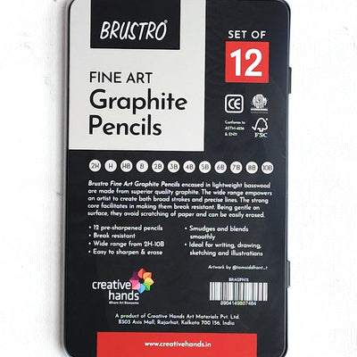 BRUSTRO Fine Art Graphite Pencil Set |10B - 2H | Pack of 12 with Elegant Tin Box| Ideal for Students and Adults, Drawing, Sketching, Mandala Shading, Pencils For Beginners and Artists
