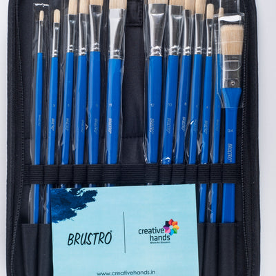 Brustro Artists White Bristle Hair Brushes for Oil and Acrylic Paint with an Elegant Zippered Brush Wallet (Pack of 13)