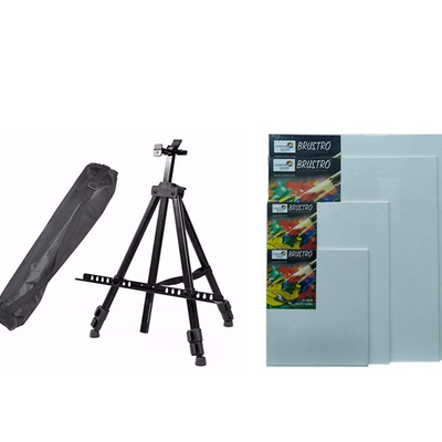 Brustro Artists Portable Lightweight Metal Display Easel with 4 Size Brustro 100% Cotton Canvas Boards. Free Weatherproof Carry Bag