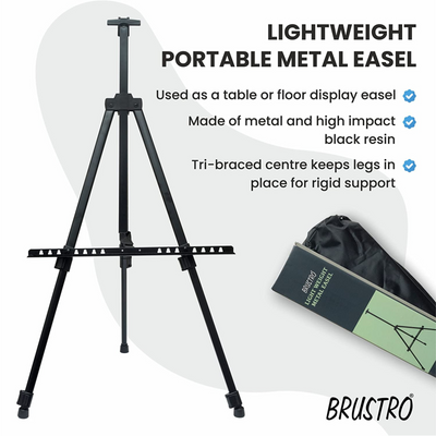 Brustro Artists Portable Lightweight Metal Display Easel with 4 Size Brustro 100% Cotton Canvas Boards. Free Weatherproof Carry Bag