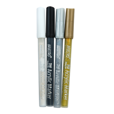 Brustro Acrylic (DIY) Fine Tip Marker Set of 4 – Gold, Silver, Black, White 0.8MM