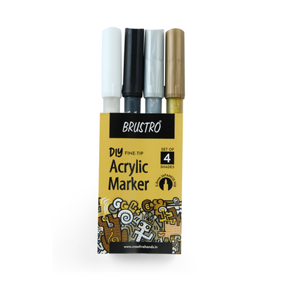 Brustro Acrylic (DIY) Fine Tip Marker Set of 4 – Gold, Silver, Black, White 0.8MM