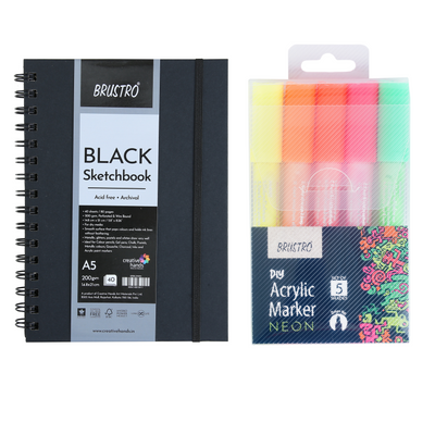 Brustro Acrylic (DIY) Marker Set of 5-Fluroscent Shade with Black Sketchbook