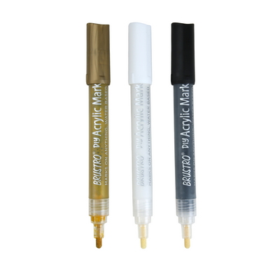 Brustro Acrylic (DIY) Marker Set of 3 - Black, White & Gold