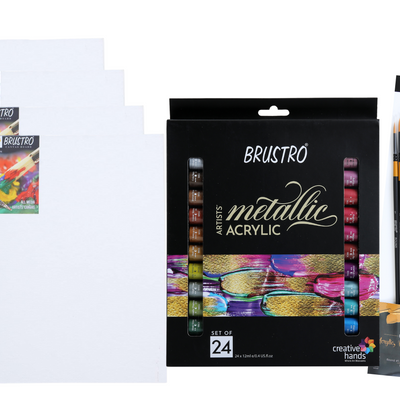 Brustro Artists’ Metallic Acrylic Set of 24 and Taklon Brush Set of 10 with 4 Canvas Boards