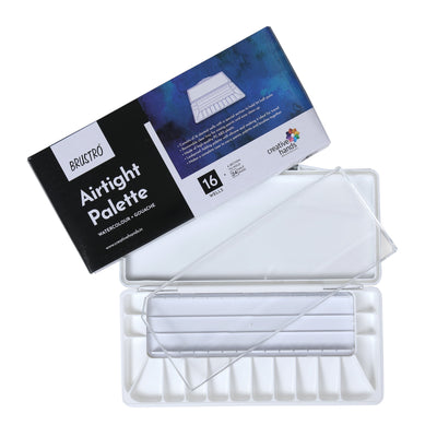 BRUSTRO Artists’ AIRTIGHT Palette 16 Wells for Watercolour and Gouache with a Special Section to Hold 24 Half Pans and a Removable Clear Tray