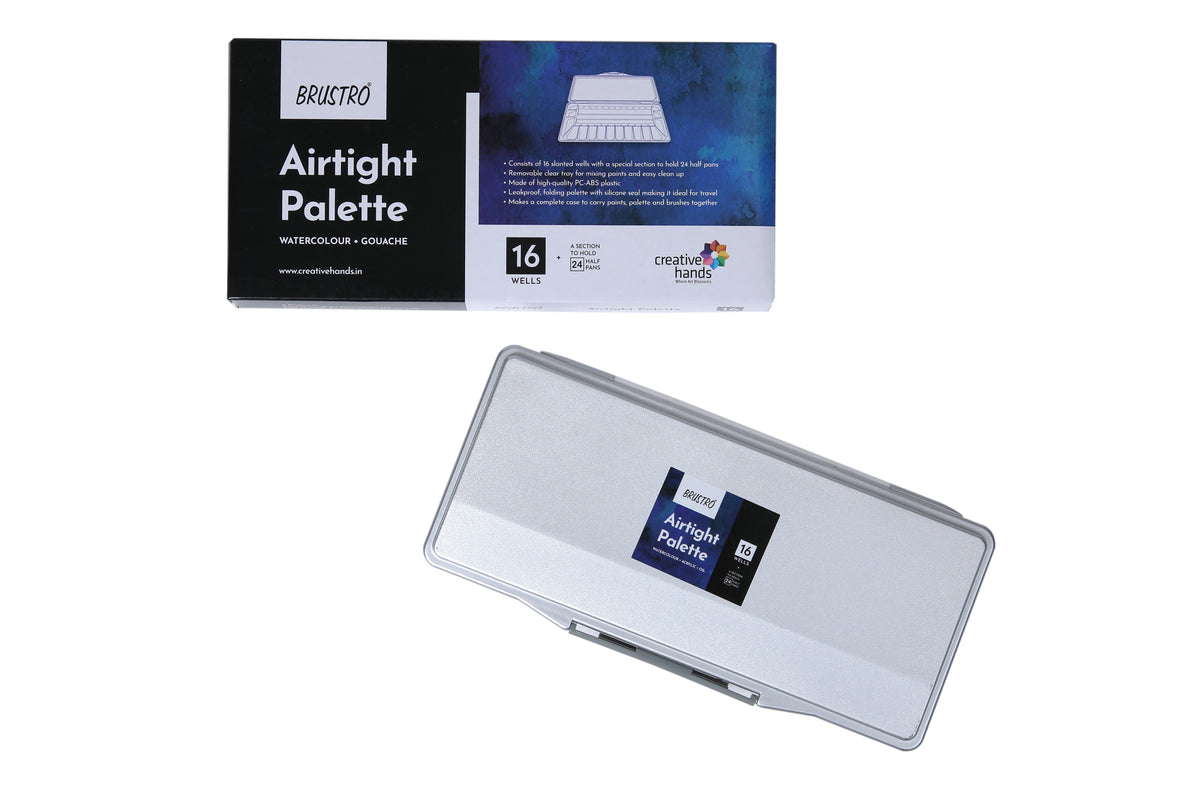 BRUSTRO Artists’ AIRTIGHT Palette 16 Wells for Watercolour and Gouache with a Special Section to Hold 24 Half Pans and a Removable Clear Tray