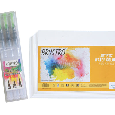 Brustro Aqua Squeeze 25% Cotton CP 200 GSM Leak Proof Watercolour Paper Brush Pen Round (3 5x7 inches, Assorted) - Set of 9 Sheets
