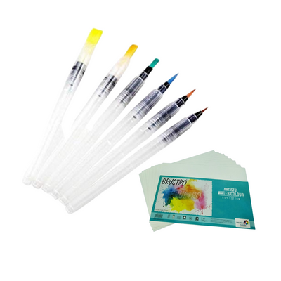 Brustro 3 Flat and Round Aqua Squeeze Leak Proof Watercolour Brush Pen with 9 Sheets Paper Cotton CP 300 GSM, 5x7-inch (Assorted) - Set of 6