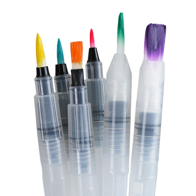 Brustro 3 Flat and Round Aqua Squeeze Leak Proof Watercolour Brush Pen with 9 Sheets Paper Cotton CP 300 GSM, 5x7-inch (Assorted) - Set of 6