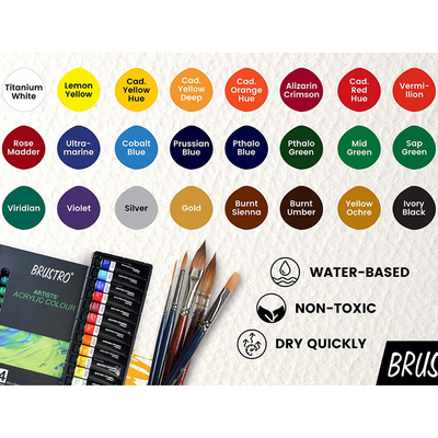 BRUSTRO Acrylic Paint Set of 24, Multicolour 12ml Tubes with Gold Taklon Brush Set of 10