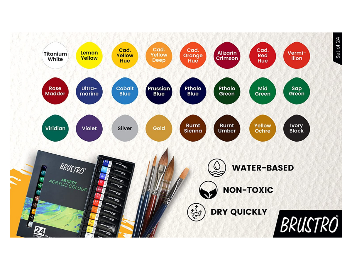 BRUSTRO Acrylic Paint Set of 24, Multicolour 12ml Tubes with Gold Taklon Brush Set of 10