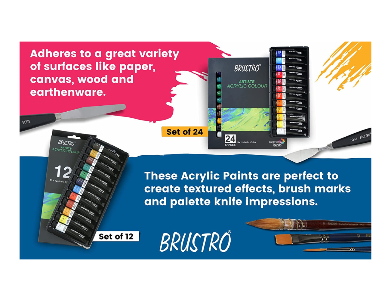 BRUSTRO Artists ’ Acrylic Colour Set of 24 Colours X 12ML Tubes with Artists Acrylic Glued Pad 400 GSM, A4-12 Sheets