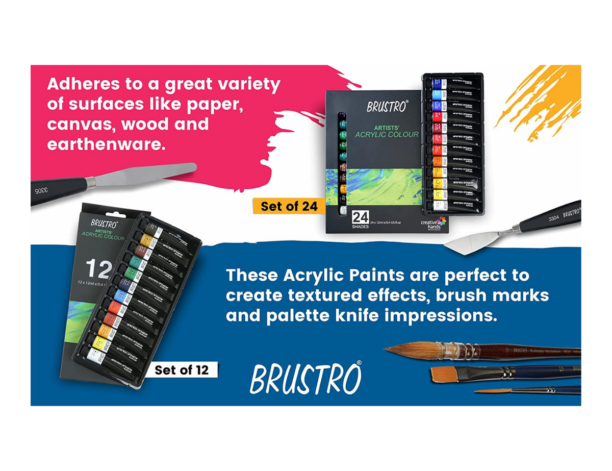 BRUSTRO Artist's Acrylic Colour | Set of 12 Colours X 12ml Tubes | Highly pigmented, Intermixable, Perfect for Canvas, Art, Rock Painting, Professionals and Artists