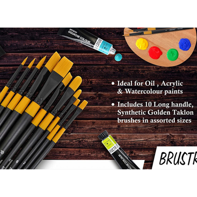 BRUSTRO Artists ’ Acrylic Colour Set of 24 with Gold Taklon Brush Set of 10, Acrylic Paper 400 GSM A4-12 Sheets and an A4 Size Tear Off Paper Palette.