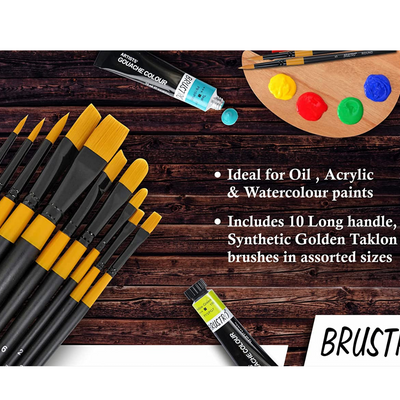 BRUSTRO Acrylic Paint Set of 24, Multicolour 12ml Tubes with Gold Taklon Brush Set of 10
