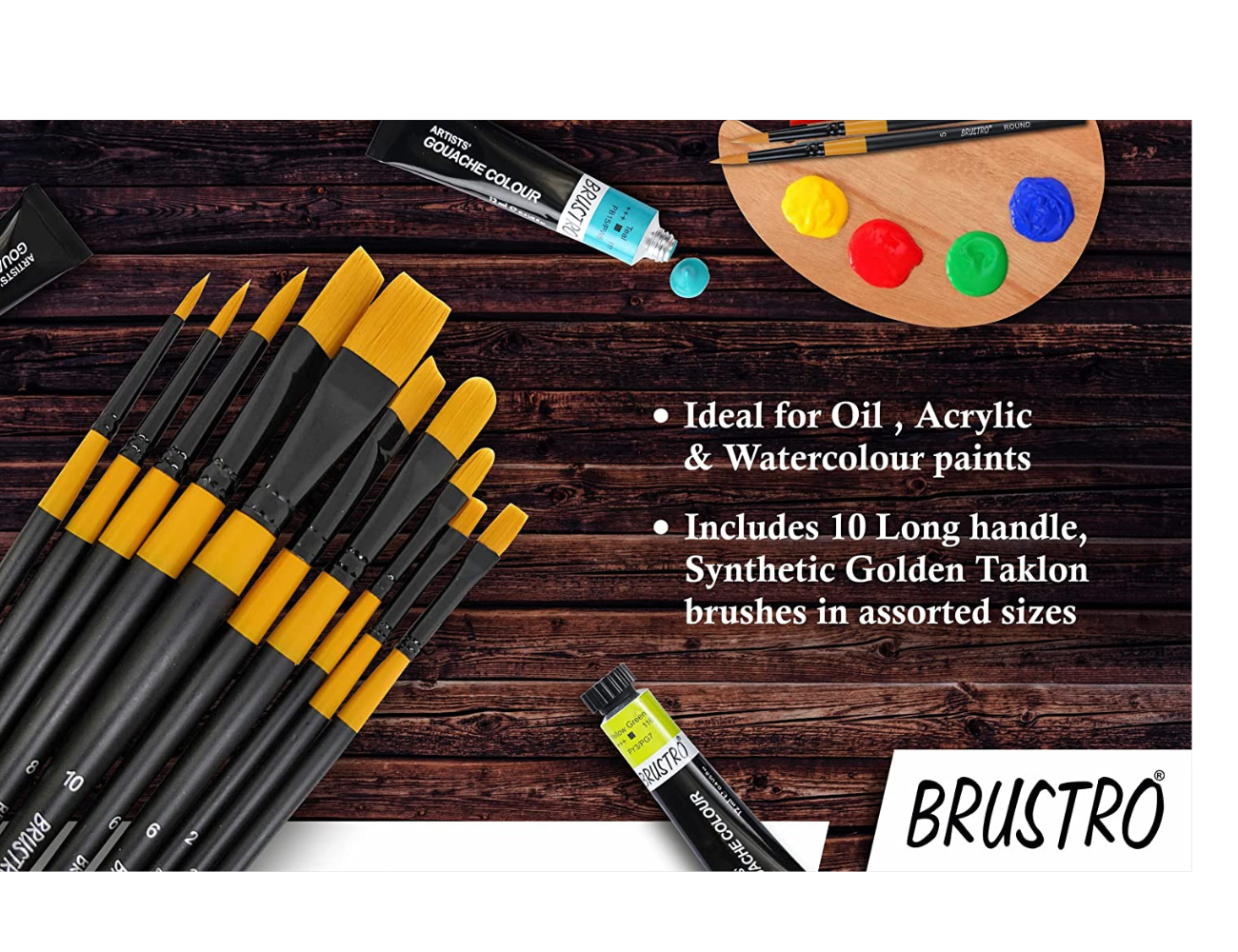 BRUSTRO Artists ’ Acrylic Colour Set of 12 Colours X 12ML Tubes with Gold Taklon Brush Set of 10 and Acrylic Paper 400 GSM A4-12 Sheets.