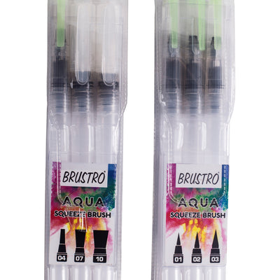 Brustro 3 Flat and Round Aqua Squeeze Leak Proof Watercolour Brush Pen with 9 Sheets Paper Cotton CP 300 GSM, 5x7-inch (Assorted) - Set of 6