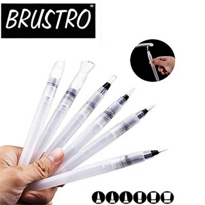 Brustro 3 Flat and Round Aqua Squeeze Leak Proof Watercolour Brush Pen with 9 Sheets Paper Cotton CP 300 GSM, 5x7-inch (Assorted) - Set of 6