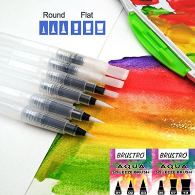 Brustro 3 Flat and Round Aqua Squeeze Leak Proof Watercolour Brush Pen with 9 Sheets Paper Cotton CP 300 GSM, 5x7-inch (Assorted) - Set of 6
