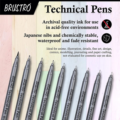 BRUSTRO Technical Pens Fineliner Set|Black| Set of 9|Ideal for Students,Adults|Doodle,Mandala,Fineart,Outline,Waterproof,Architecture,Technical Drawingwith Bristol Ultra Smooth A4 Size ( 20 +4 Sheets )