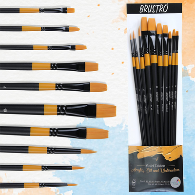 BRUSTRO Acrylic Paint Set of 24, Multicolour 12ml Tubes with Gold Taklon Brush Set of 10
