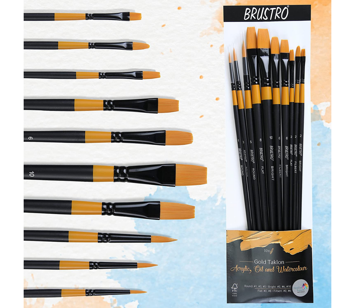 BRUSTRO Acrylic Paint Set of 24, Multicolour 12ml Tubes with Gold Taklon Brush Set of 10