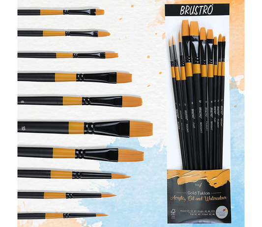 BRUSTRO Acrylic Paint Set of 24, Multicolour 12ml Tubes with Gold Taklon Brush Set of 10