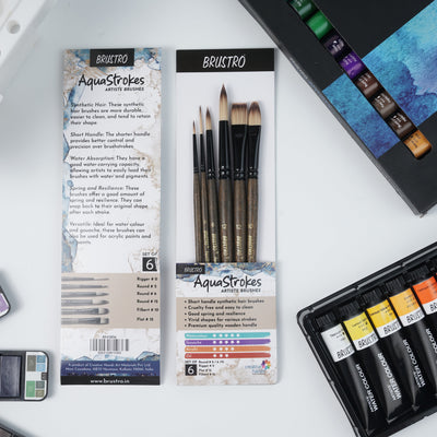 BRUSTRO AquaStrokes Artist Brushes | Set of 6 | Ideal for Watercolour, Gouache, Acrylics, Oil Brush, Synthetic Bristles,  Wooden handle | Made for Students and Professionals Artists