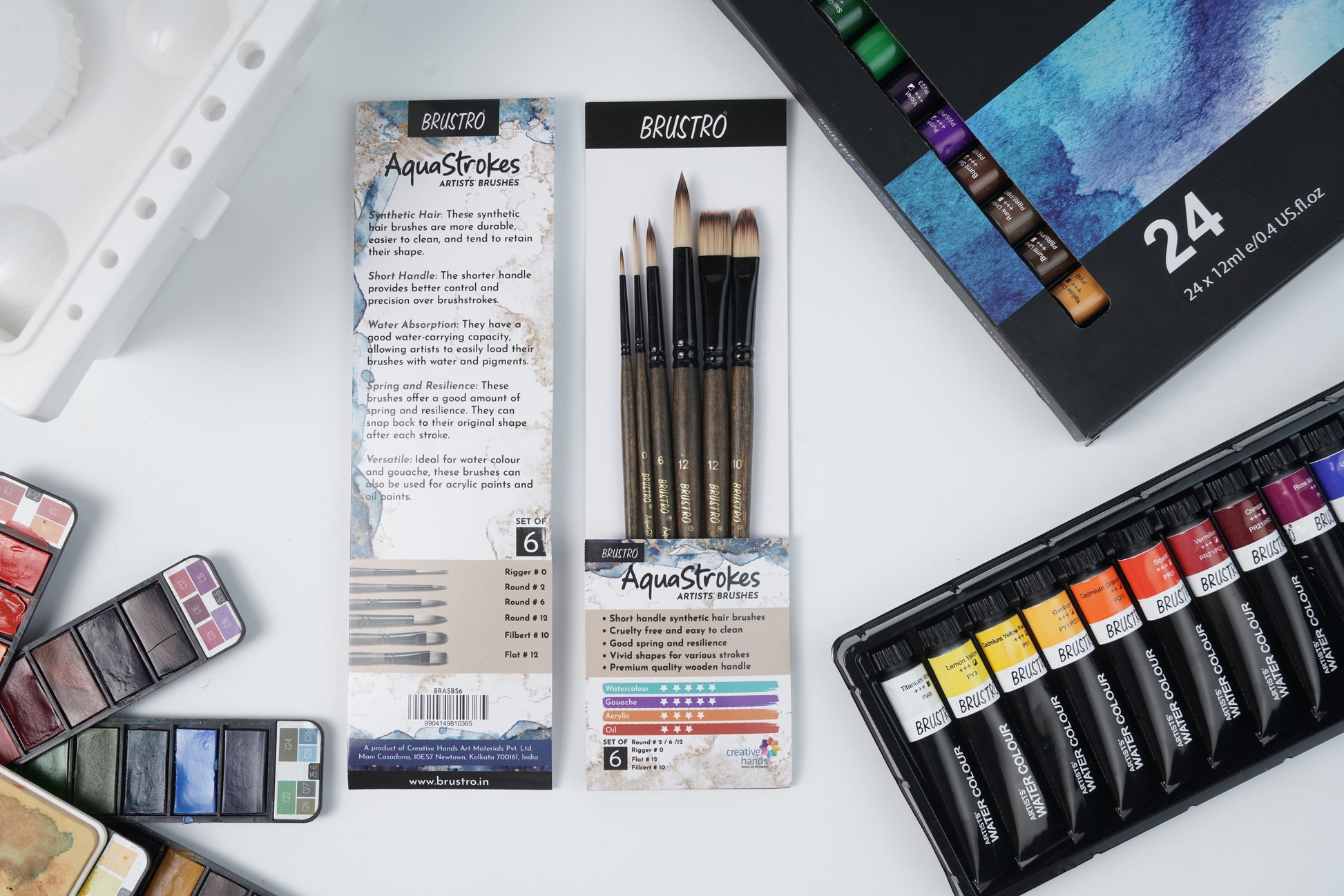 BRUSTRO AquaStrokes Artist Brushes | Set of 6 | Ideal for Watercolour, Gouache, Acrylics, Oil Brush, Synthetic Bristles,  Wooden handle | Made for Students and Professionals Artists