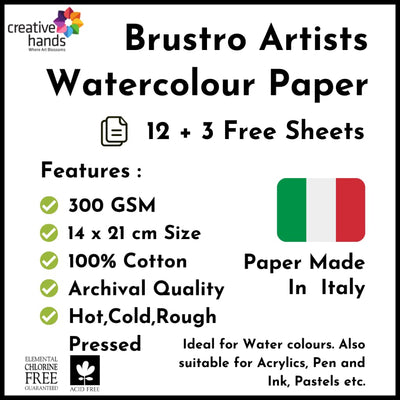 Brustro Artists’ Watercolour Papers 300 GSM 14 X 21 CM ( Assorted HP,CP,Rough) Pack of 12 + 3 Free Sheets