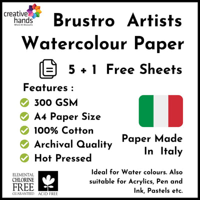 Brustro Artists' Watercolour Papers 100% Cotton 300 GSM A4 Hot Pressed (Pack of 5+1 Free Sheet)