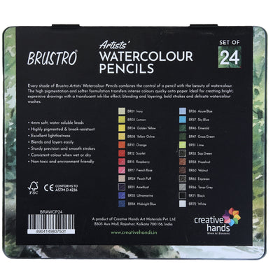 BRUSTRO Artists Watercolour Pencil |Set of 24 (in Elegant tin Box)|Ideal for Artists, Students, Drawing,Colouring,Painting on Paper, water soluble, Professional Quality, Break-resistant,Vibrant Colors