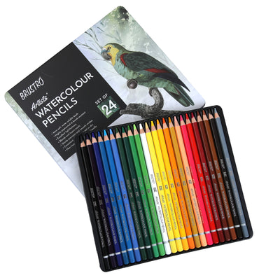 BRUSTRO Artists Watercolour Pencil |Set of 24 (in Elegant tin Box)|Ideal for Artists, Students, Drawing,Colouring,Painting on Paper, water soluble, Professional Quality, Break-resistant,Vibrant Colors