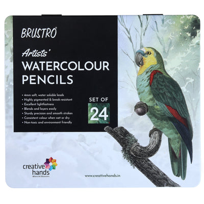 BRUSTRO Artists Watercolour Pencil |Set of 24 (in Elegant tin Box)|Ideal for Artists, Students, Drawing,Colouring,Painting on Paper, water soluble, Professional Quality, Break-resistant,Vibrant Colors