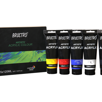 Brustro Artists' Acrylic 120ml, Pack of 5 Primary Shades  (Titanium White, Cad Yellow, Ultramarine, Cadmium Red & Ivory Black)