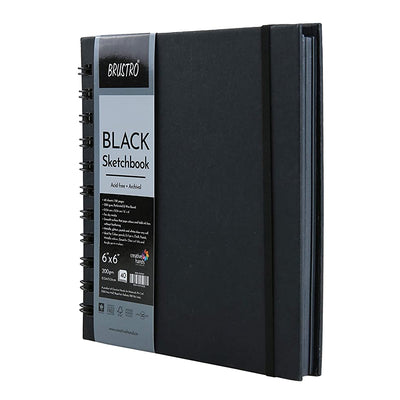 Brustro Black Sketchbook, Wiro Bound, Size 6" x 6" Inches, 200GSM (40 Sheets) 80 Pages
