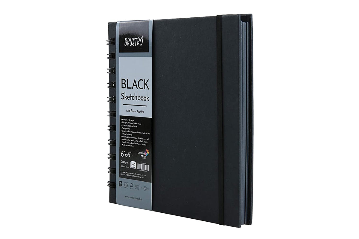 Brustro Black Sketchbook, Wiro Bound, Size 6" x 6" Inches, 200GSM (40 Sheets) 80 Pages