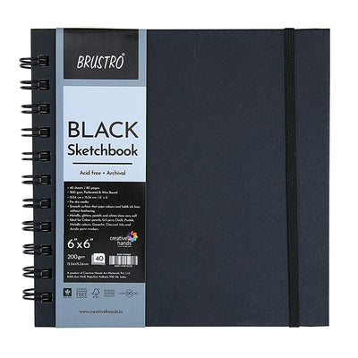 Brustro Black Sketchbook, Wiro Bound, Size 6" x 6" Inches, 200GSM (40 Sheets) 80 Pages