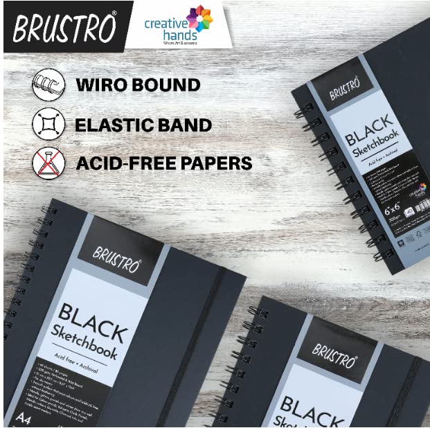 Brustro Black Sketchbook, Wiro Bound, Size 6" x 6" Inches, 200GSM (40 Sheets) 80 Pages