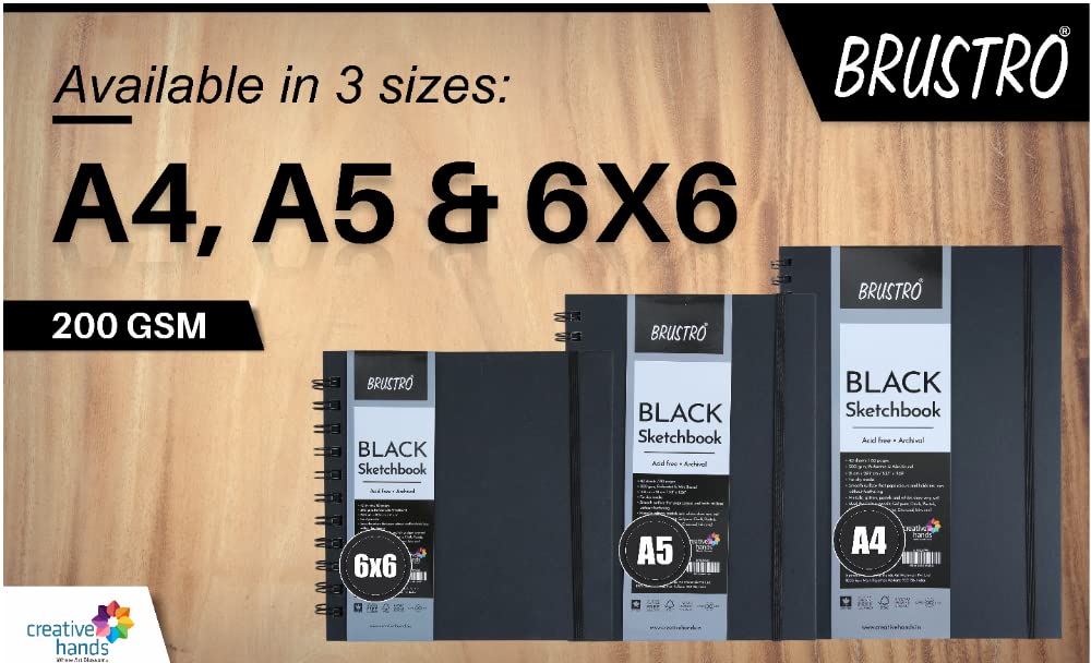 BRUSTRO Black Sketchbook | A5, 200GSM | 40 Sheets/80 Pages | Wiro Bound, Spiral, Premium, Acid-free Paper, Professional-Grade, Ideal for Dry media, Mandala art, Graphite, Charcoal, School, Office use