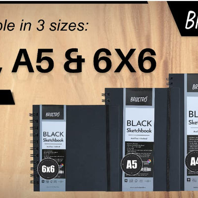 Brustro Black Sketchbook, Wiro Bound, Size 6" x 6" Inches, 200GSM (40 Sheets) 80 Pages