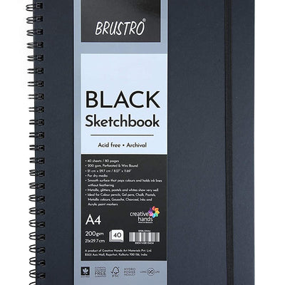 Brustro Black Sketchbook, Wiro Bound, Size A4, 200GSM (40 Sheets) 80 Pages
